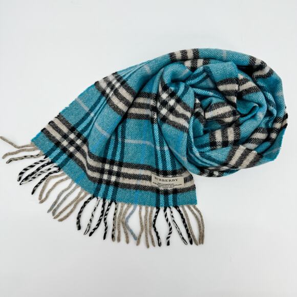 Burberry Scarf Lambswool Authentic Wool Blue Plaid Nova Check Winter Fringe Tan - Picture 5 of 9
